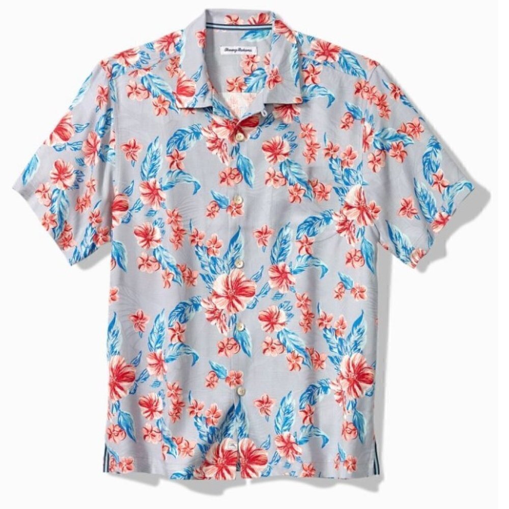 Tommy Bahama Mens XL Cape Hibiscus Gray Silk Hawaiian Short Sleeve Shirt NWT